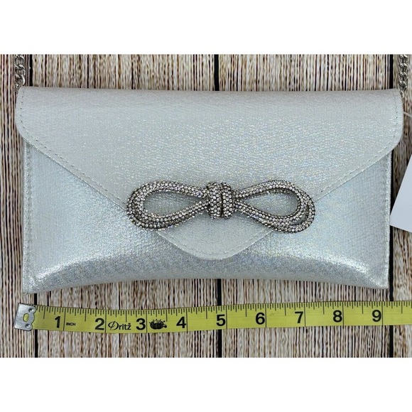 J Silver Iridescent Evening Clutch‎ Rhinestone Bow Detail Chain Strap NWT - Picture 6 of 7
